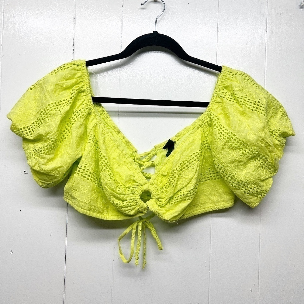 Wild Fable Lime Green Eyelet Lace Up Coquette Cropped Top Medium Puff Sleeves - Picture 2 of 15